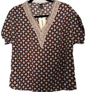 NEW! SHEIN LUNE Floral Print Lace & Strap Patchwork V-Neck Blouse